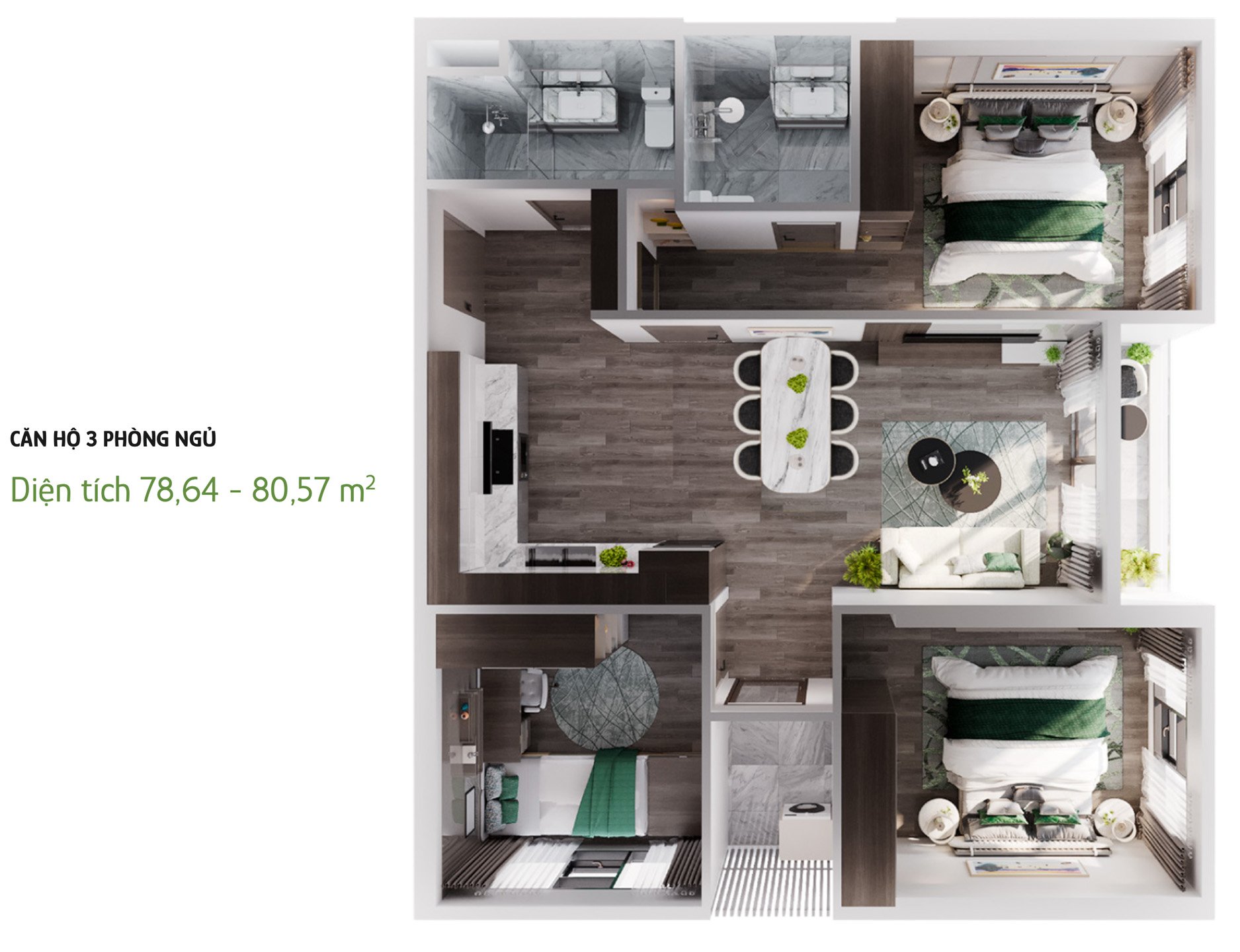 Mặt bằng căn 3 ngủ The Parkland