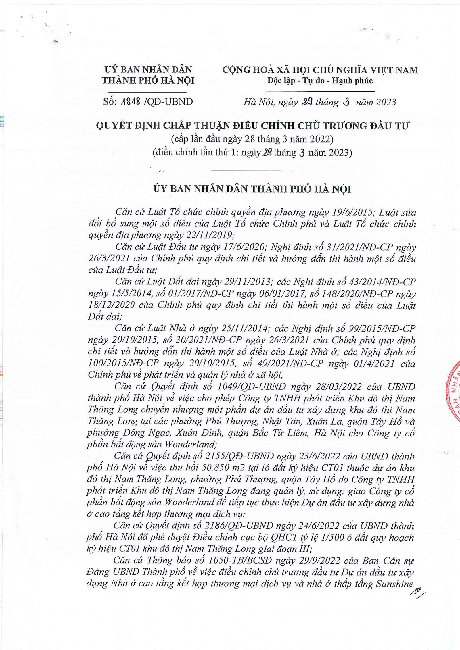 Quyết định chấp thuận điều chỉnh chủ trương đầu tư 