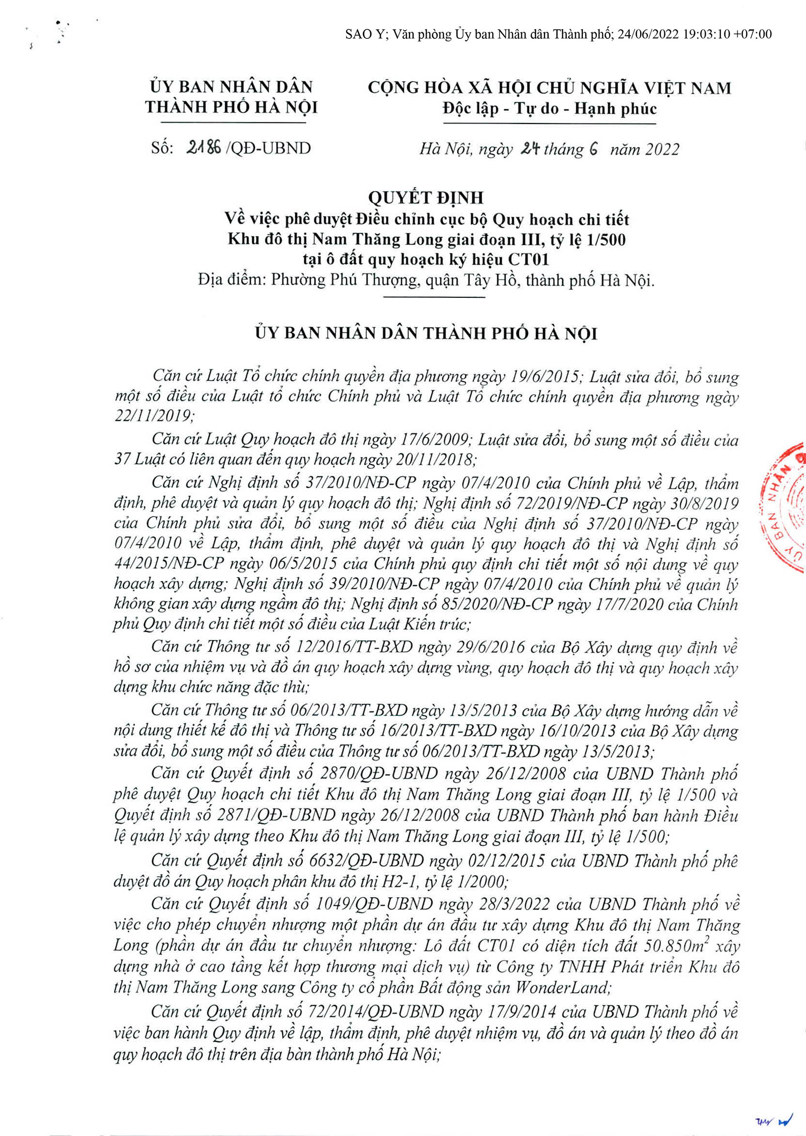 Quyết định phê duyệt điều chỉnh cục bộ QH chi tiết tỉ lệ 1.500 Noble Crystal Tây Hồ