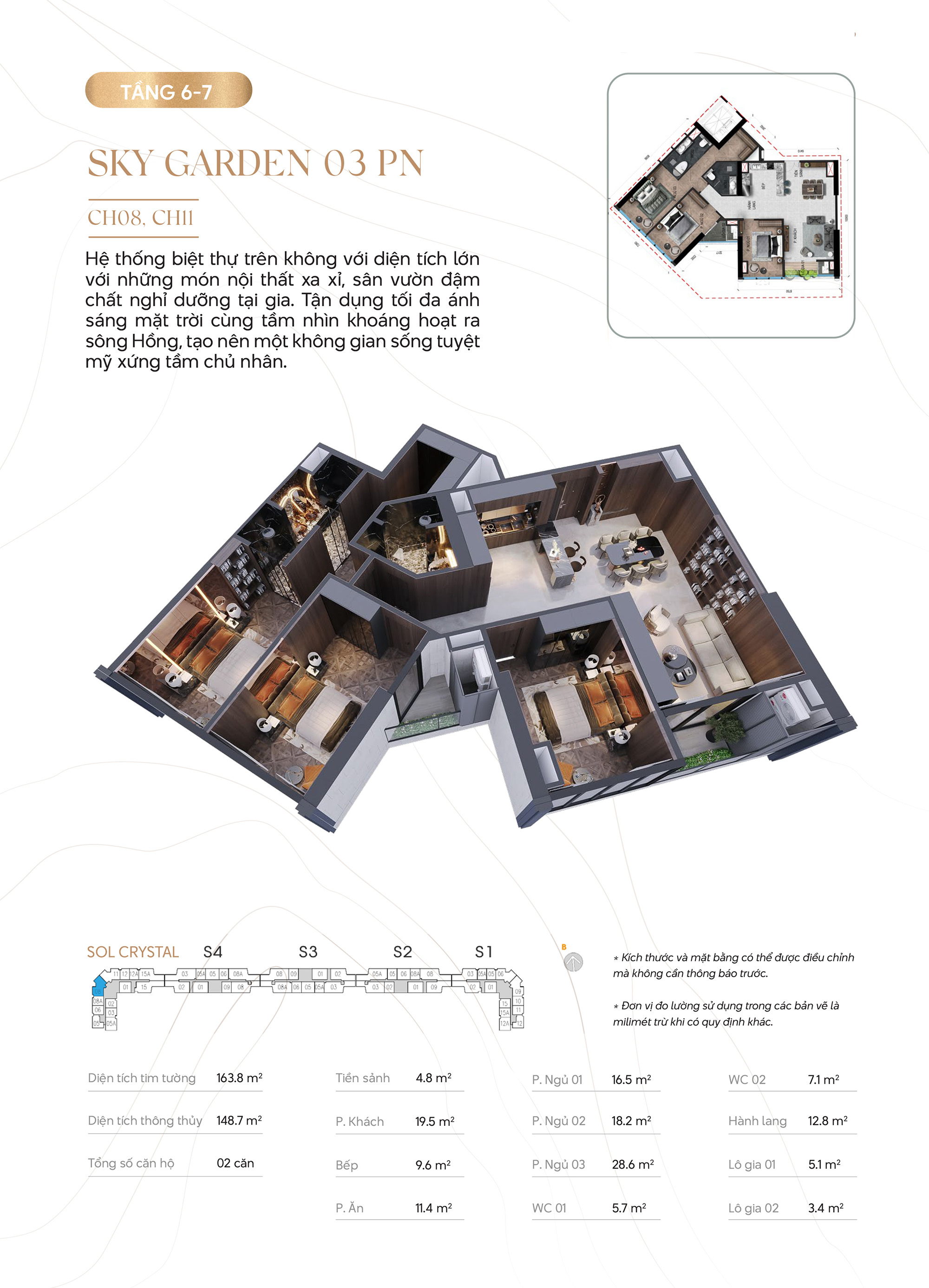 Căn hộ 3 phòng ngủ Sky Garden Noble Crystal Tây Hồ (Tầng 6-7) 