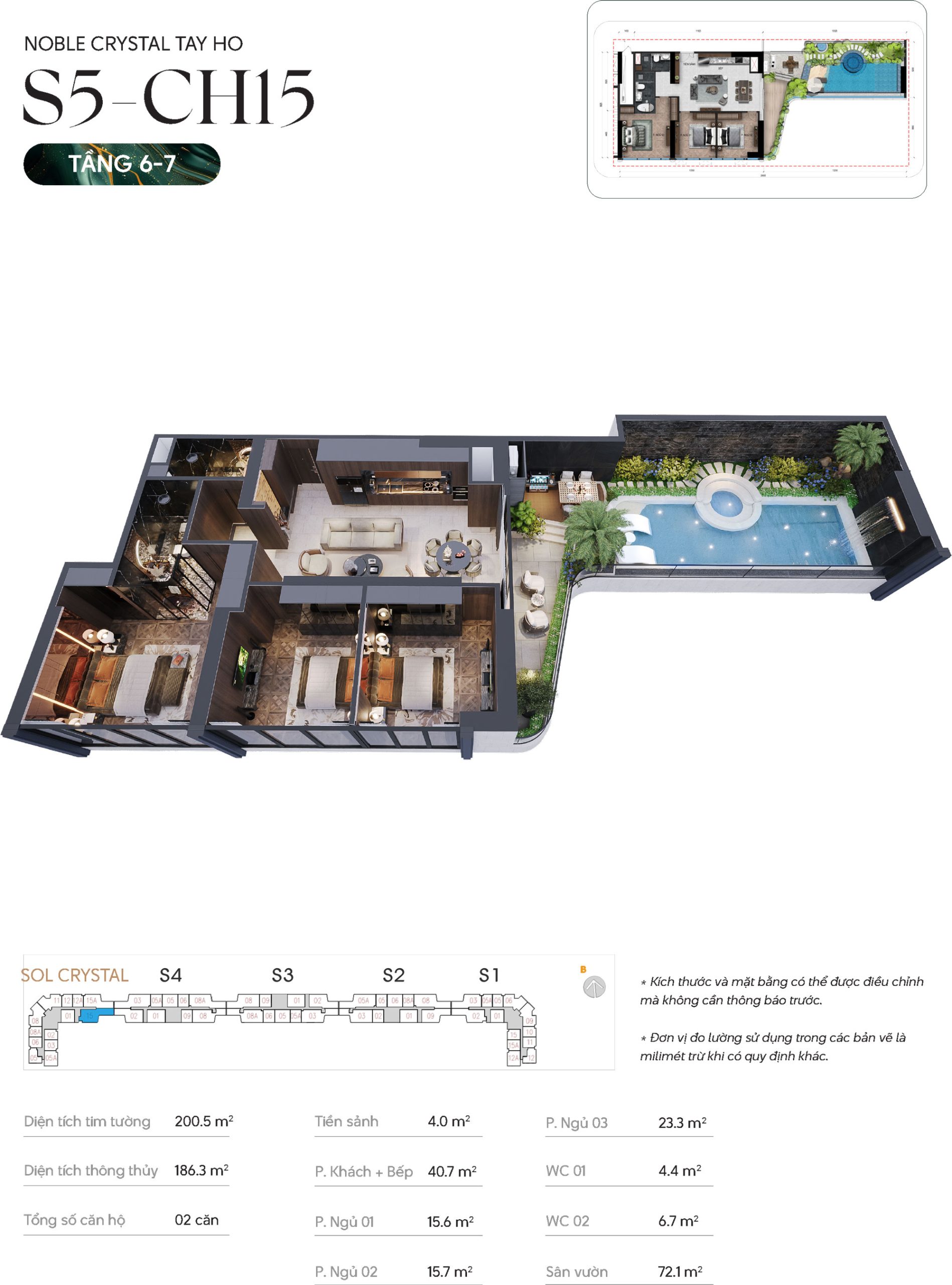 Thiết kế căn hộ 15 - 3 phòng ngủ - tầng 6+7 - Noble Crystal Tây Hồ