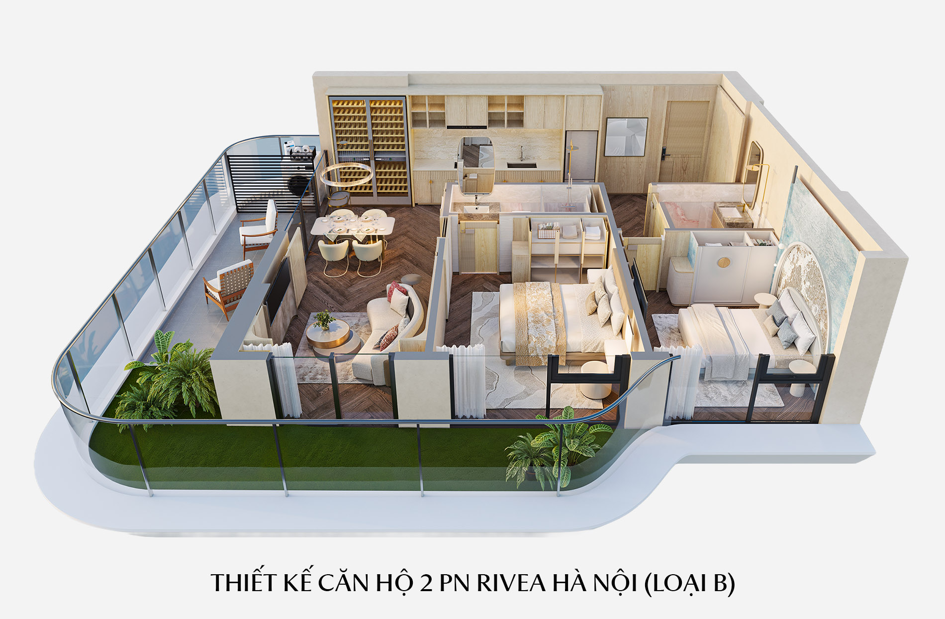 Thiết kế căn hộ 2 phòng ngủ Rivea Hà Nội (Loại B)