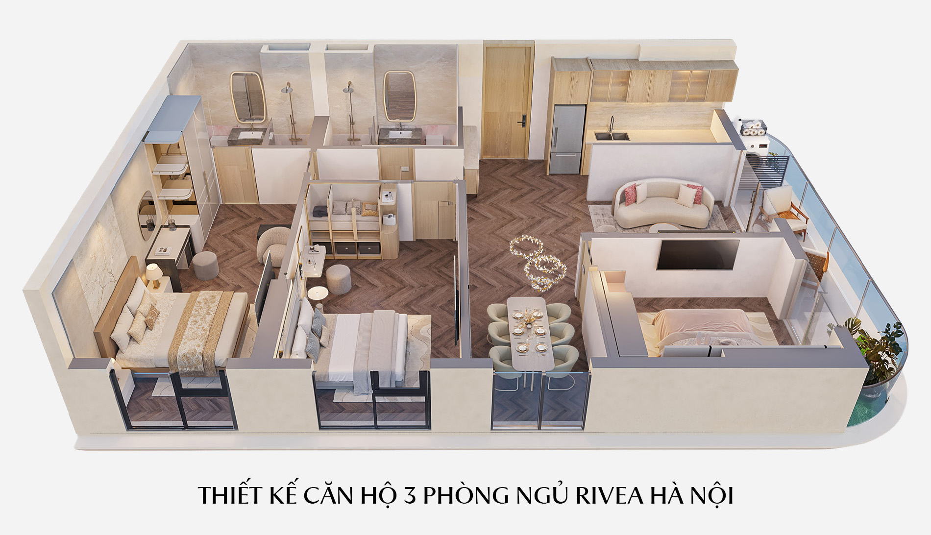 Thiết kế căn hộ 3 phòng ngủ Rivea Hà Nội